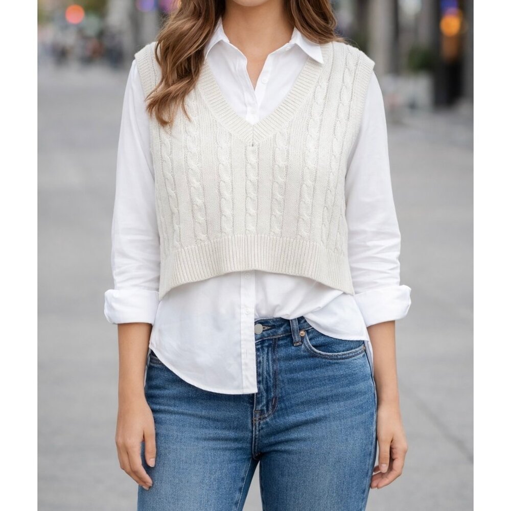 Altar’d State Beige‎ Cable Knit Sweater Vest Poetcore Academia Medium Women's